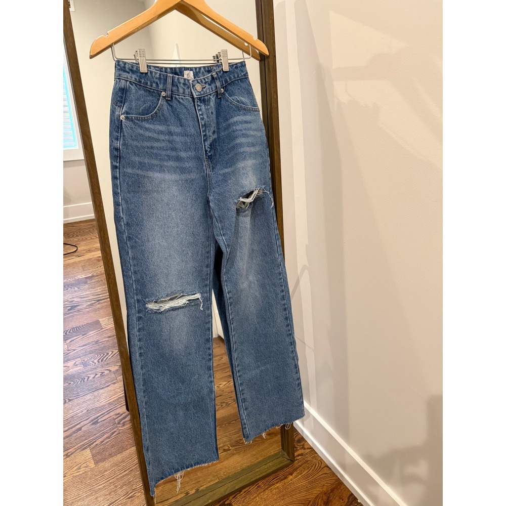 OH Polly Jean Denim Wide Leg Ripped Chain Lace Up Back High Rise Y2K Goth Skater